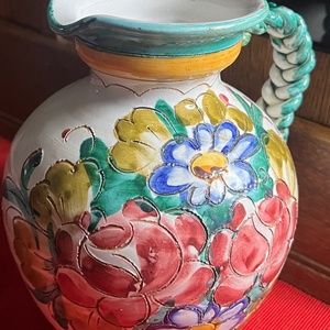 Vintage-Multi-colored floral vase with braided handle(Ceramic) Hand made